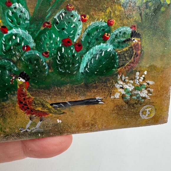 Prickly pear road runner painted tile southwest Arizona scene blue sky small tin - Picture 4 of 16